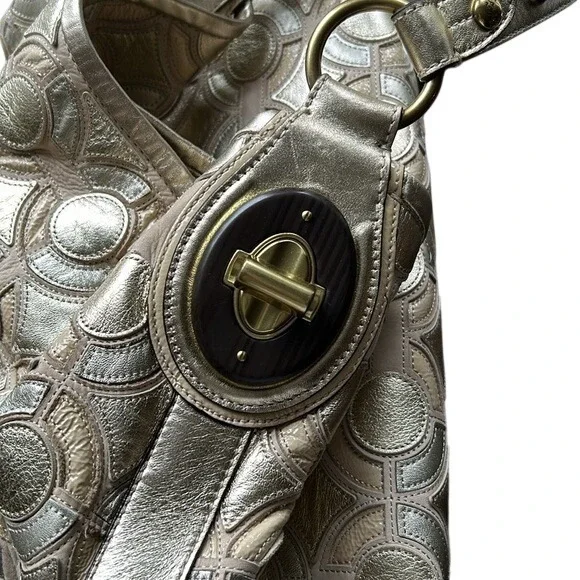 Coach Kristen Hobo Op Art Silver Gold Shoulder Bag Patchwork Beige Leather Purs - Picture 5 of 16